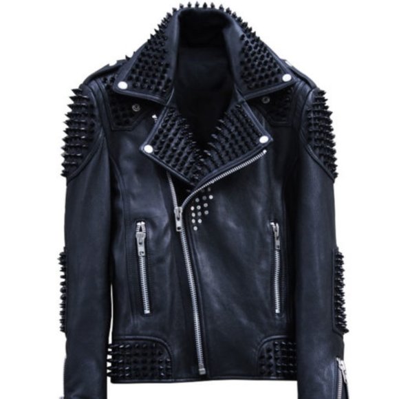 Men Black Studded Black Biker Jacket Black Spiked